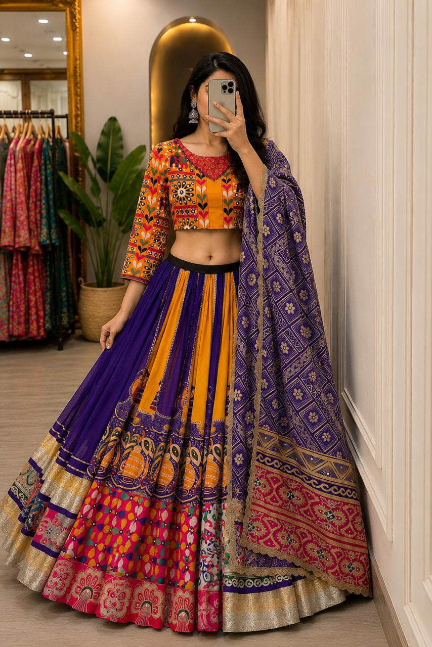 Purple orange printed chaniya choli with matching dupatta and mirror work for Garba and Dandiya