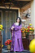 Purple party wear kurta set with palazzo and dupatta in heavy crepe silk for festive occasions