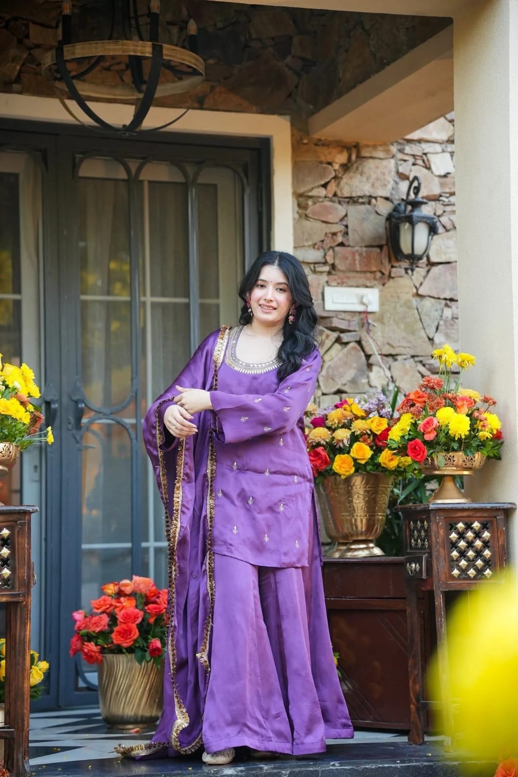 Purple party wear kurta set with palazzo and dupatta in heavy crepe silk for festive occasions