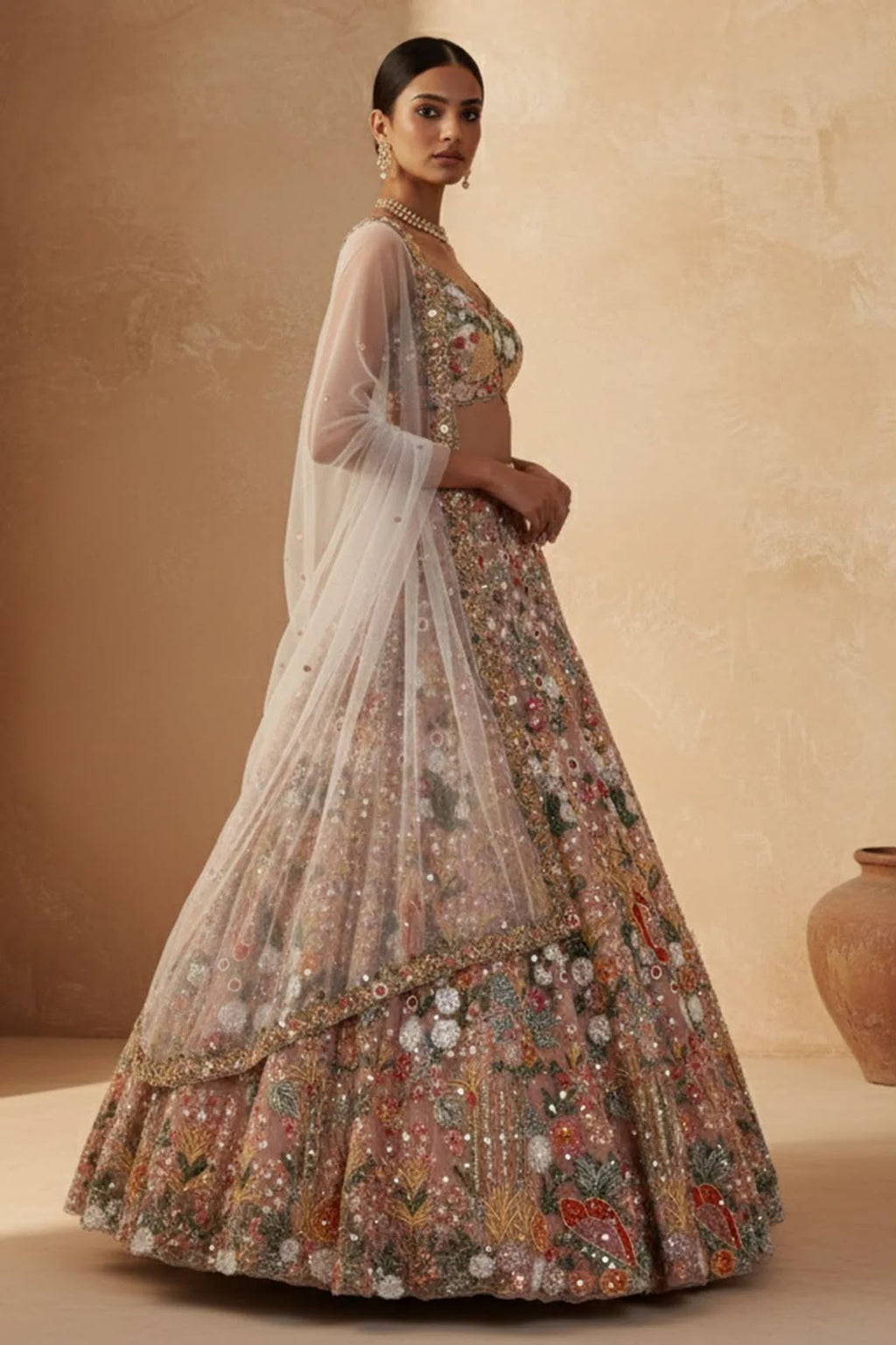 Rainbow sequin net lehenga choli set with matching dupatta and floral detailing