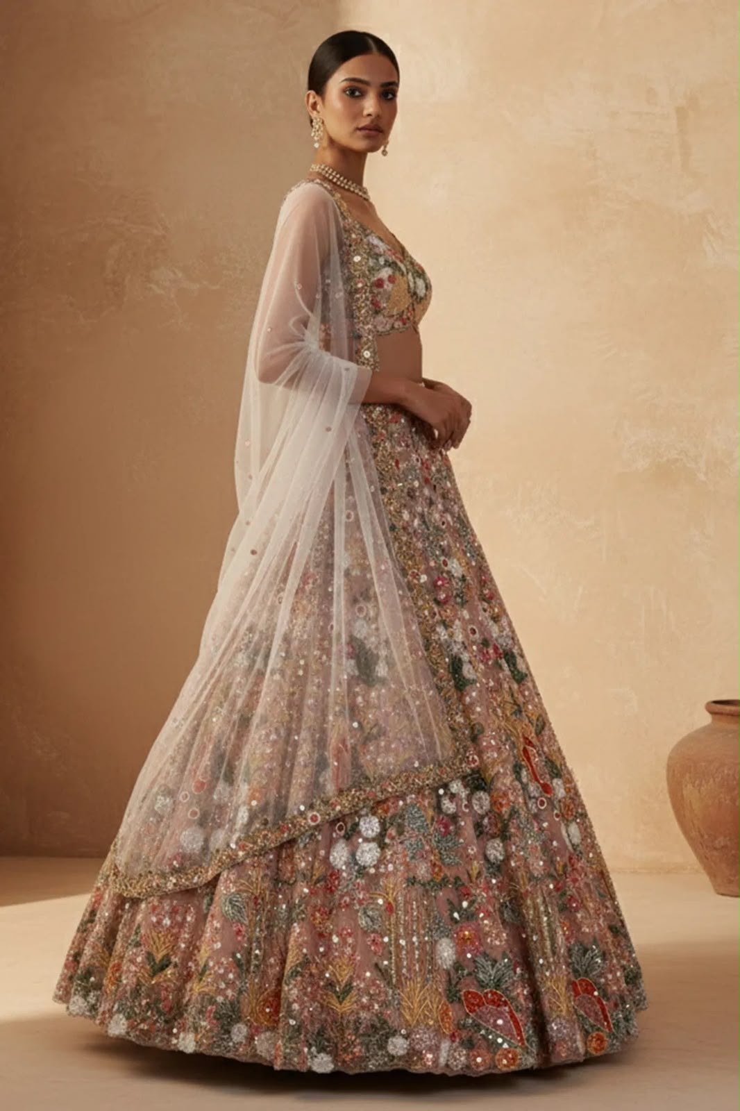 Rainbow sequin net lehenga choli set with matching dupatta and floral detailing