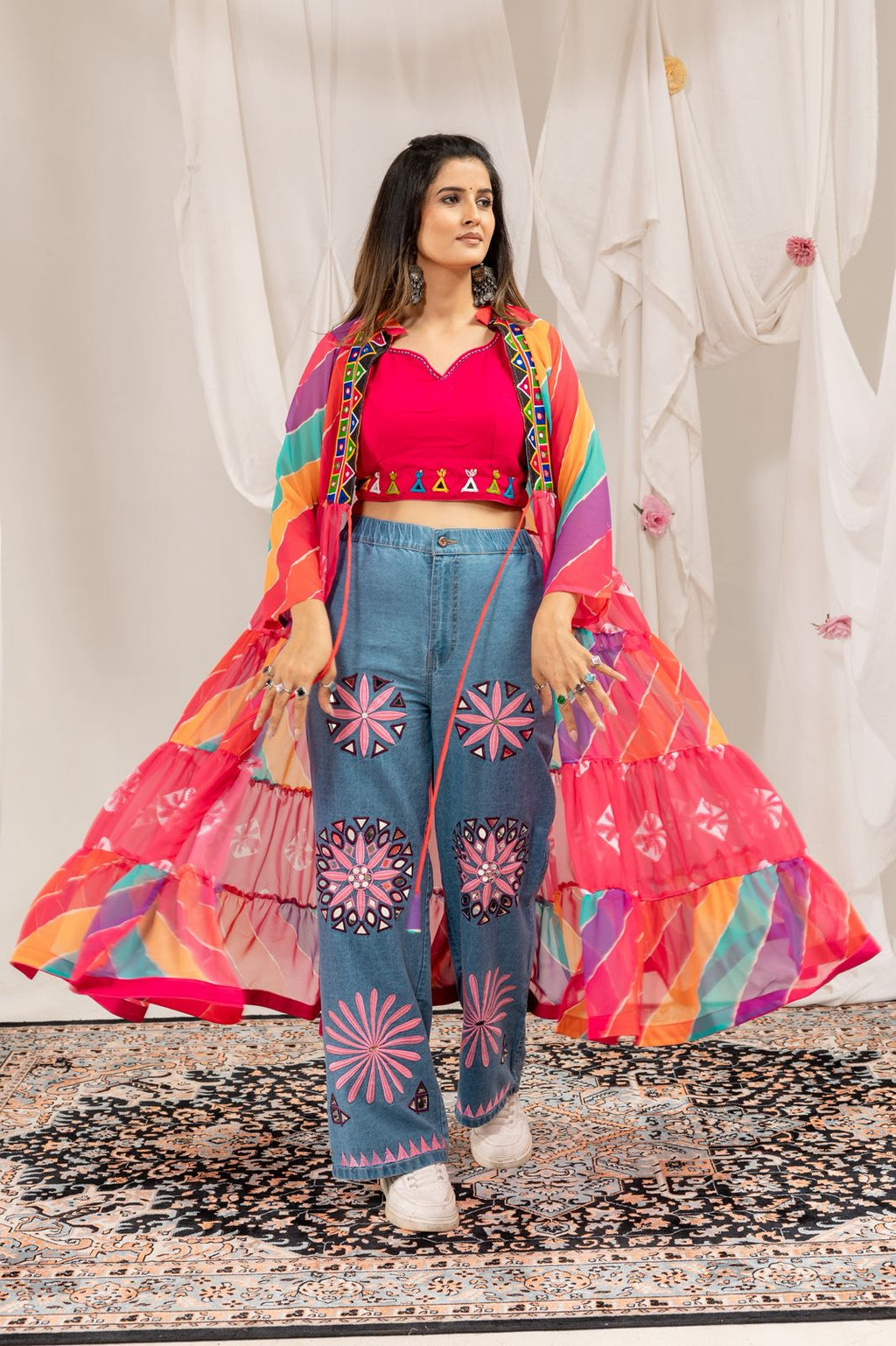 Rang Denim faux georgette shrug featuring colorful panels and real mirror work