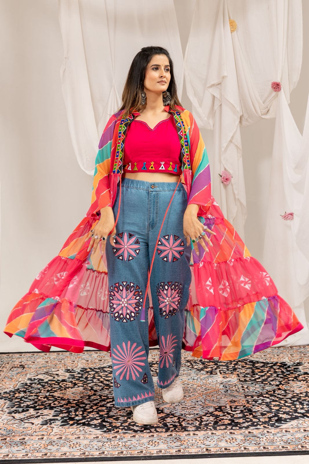 Rang Denim faux georgette shrug featuring colorful panels and real mirror work