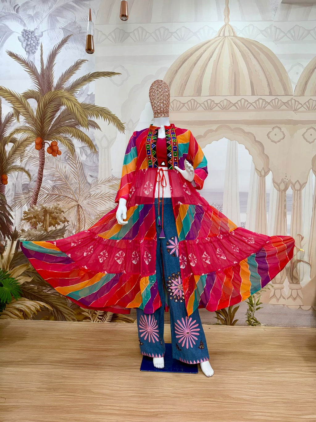 Rang Denim colorful Navratri outfit displayed with mirror-work shrug and embroidered denim jeans