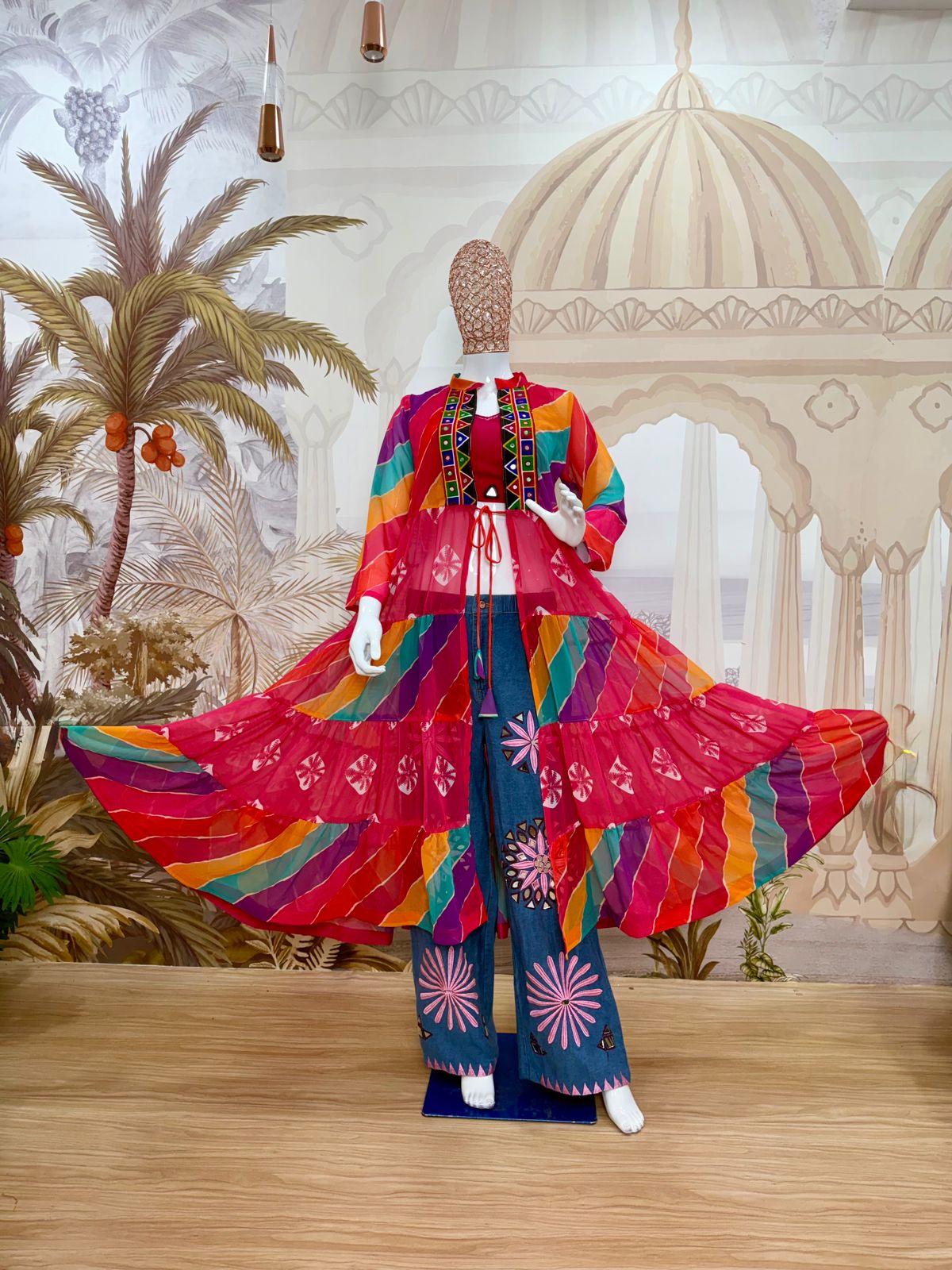 Rang Denim colorful Navratri outfit displayed with mirror-work shrug and embroidered denim jeans