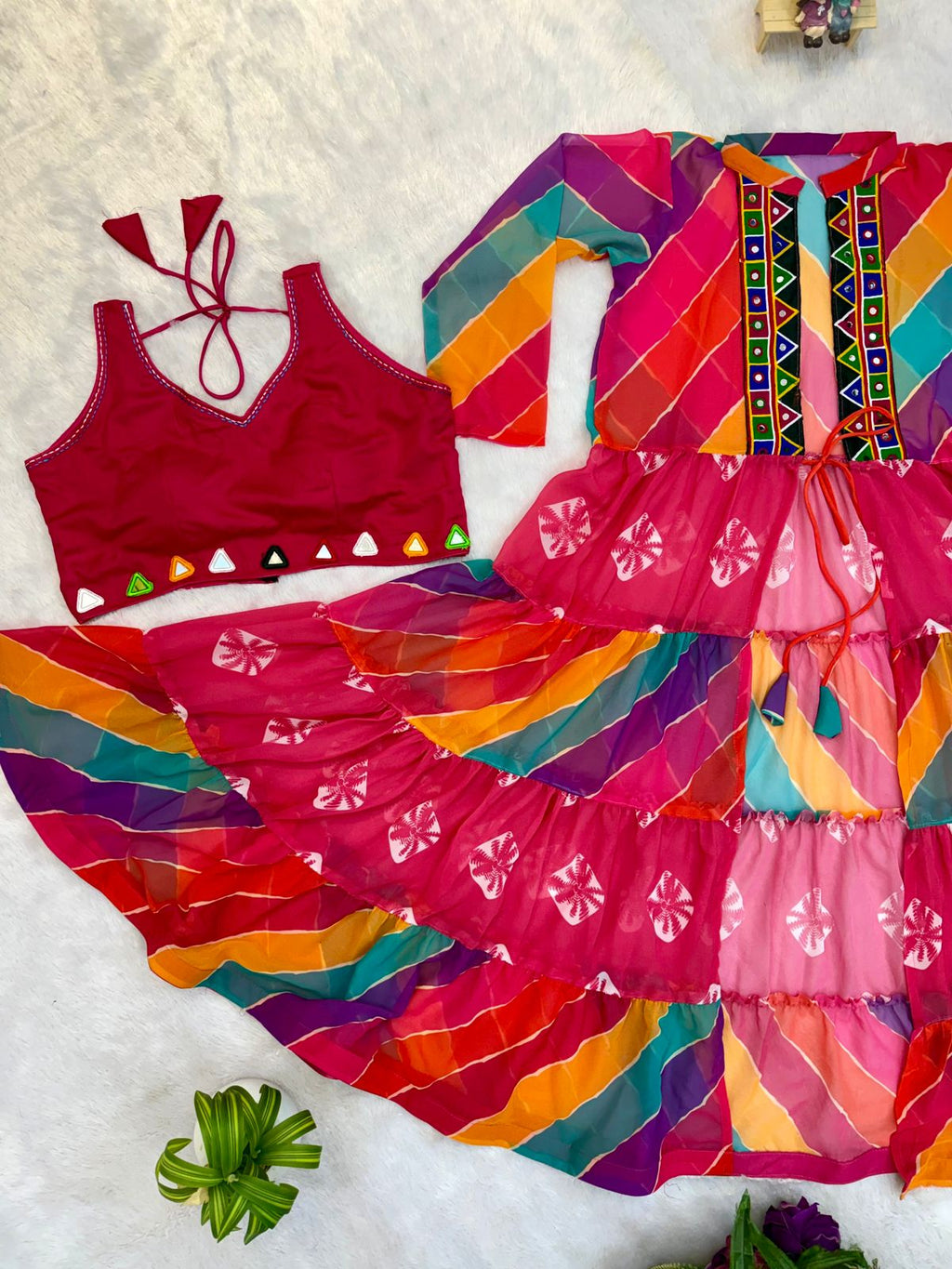 Rang Denim Navratri set showing mirror-work blouse, colorful shrug and denim jeans