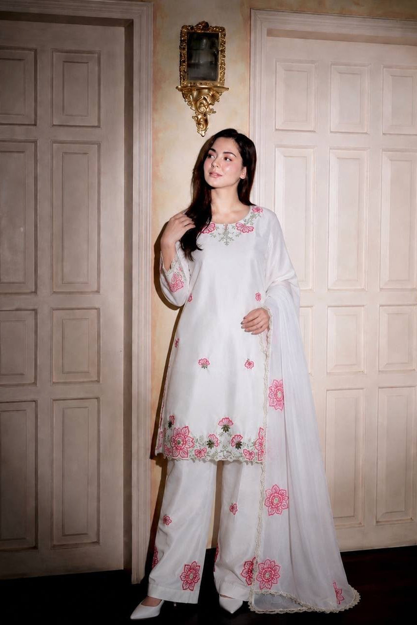 Ready-to-wear Farshi Shalwar Suit showing the stitched top, Farshi Shalwar and embroidered dupatta