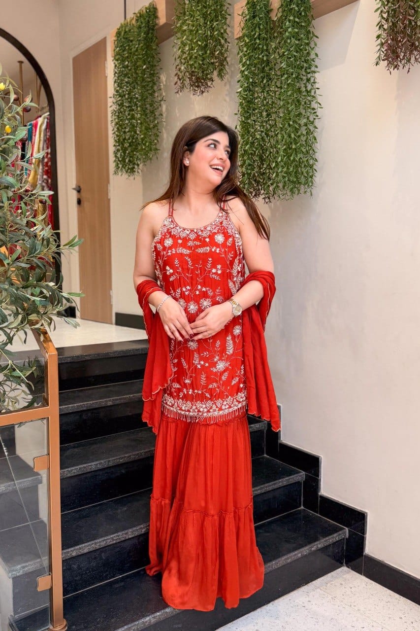 Red embroidered Chinon palazzo suit set with dupatta shown in full view