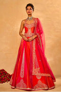 Red pink Chinon silk lehenga choli with sequin embroidery, 4-meter flare and butterfly net dupatta