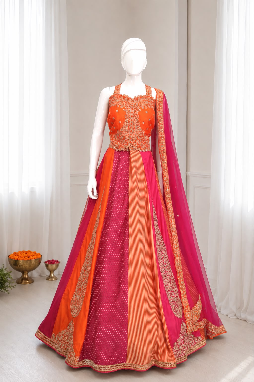 Red pink embroidered lehenga choli displayed on a mannequin with butterfly net dupatta