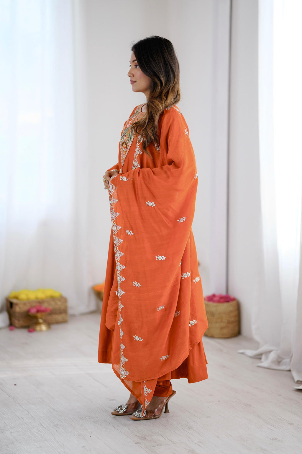 Roman Silk Anarkali dress side view with flowing gown and embroidered dupatta