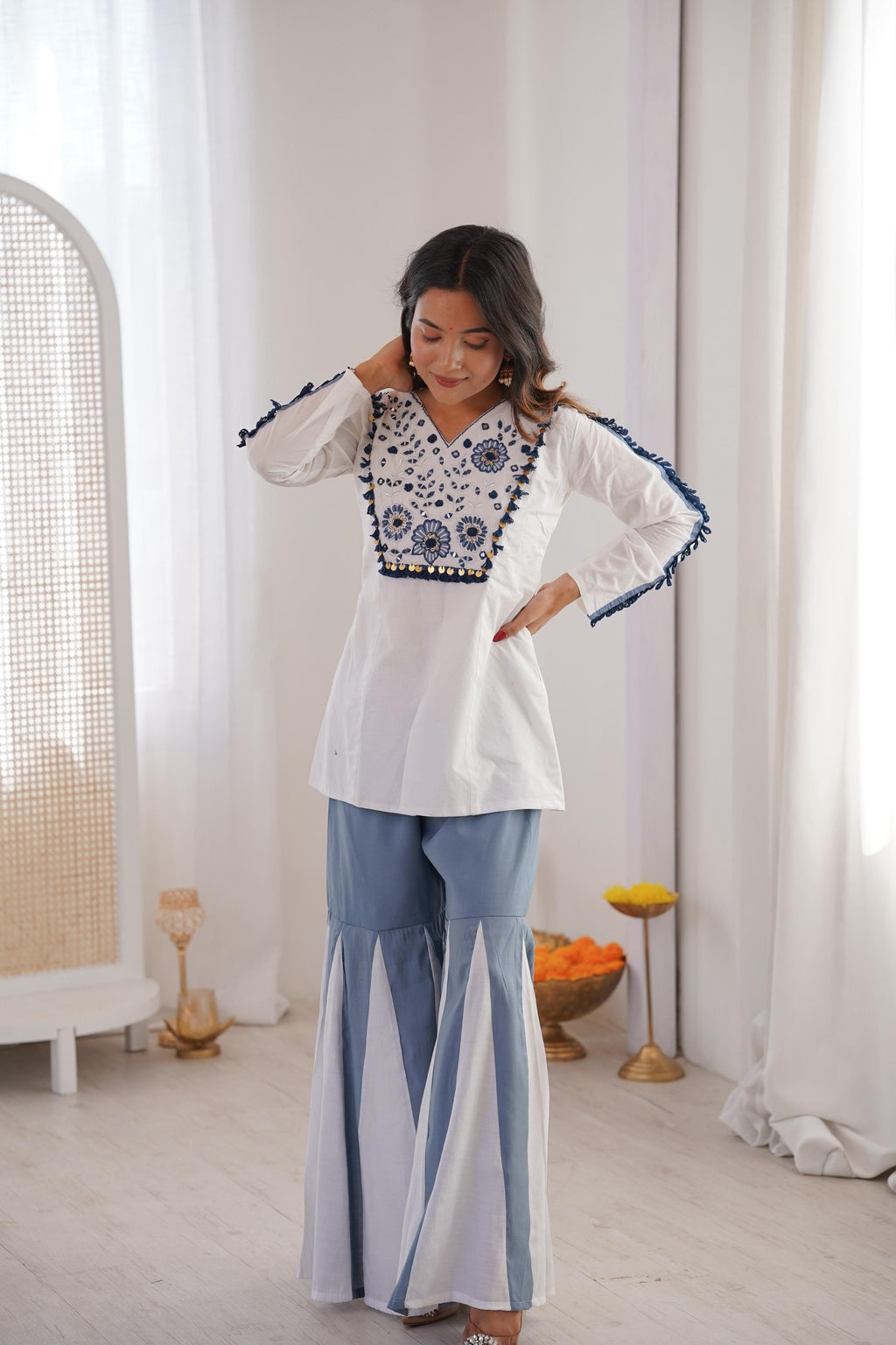Roman Silk Kurta Palazzo Set featuring floral embroidery, mirrors and lace detailing
