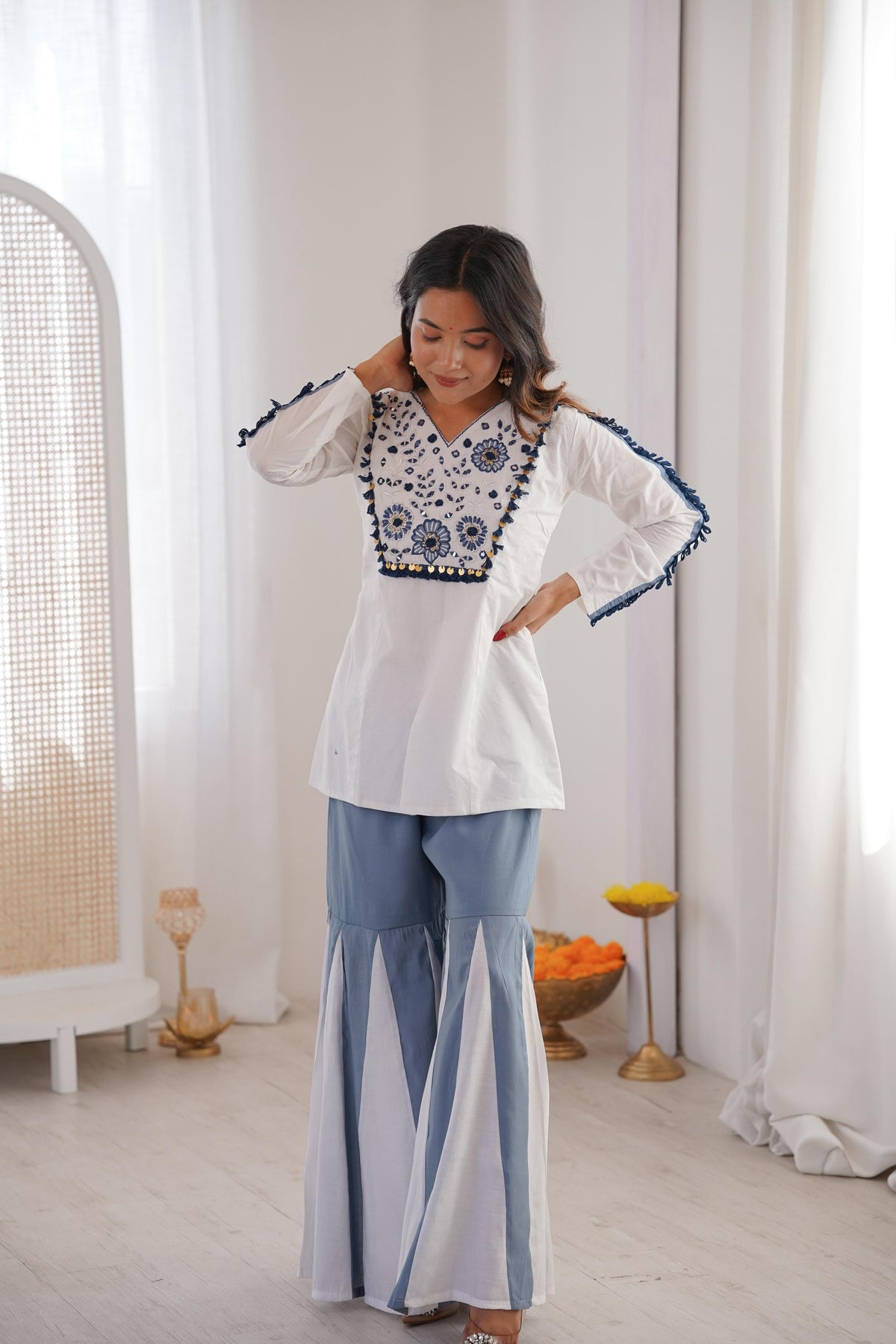 Roman Silk Kurta Palazzo Set featuring floral embroidery, mirrors and lace detailing