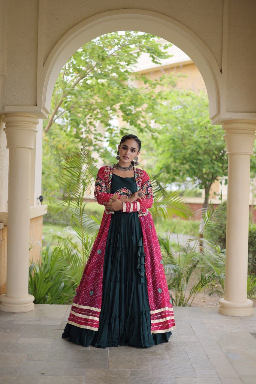 Stitched lehenga choli with Kutchi patchwork blouse and Bandhani print full-sleeve shrug