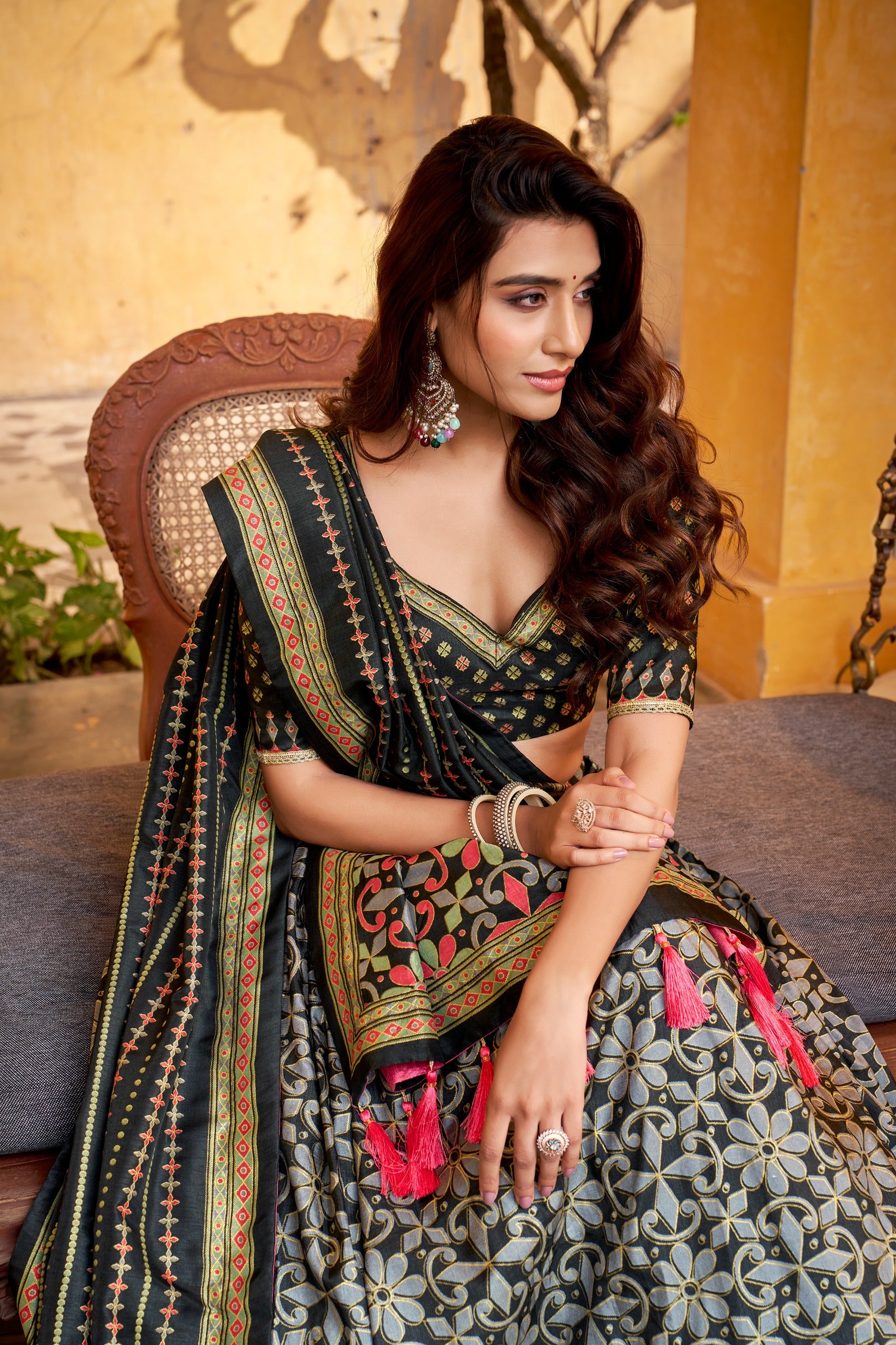 Tasar Silk Lehenga Choli close-up showing patterned blouse, decorative borders and colorful tassels