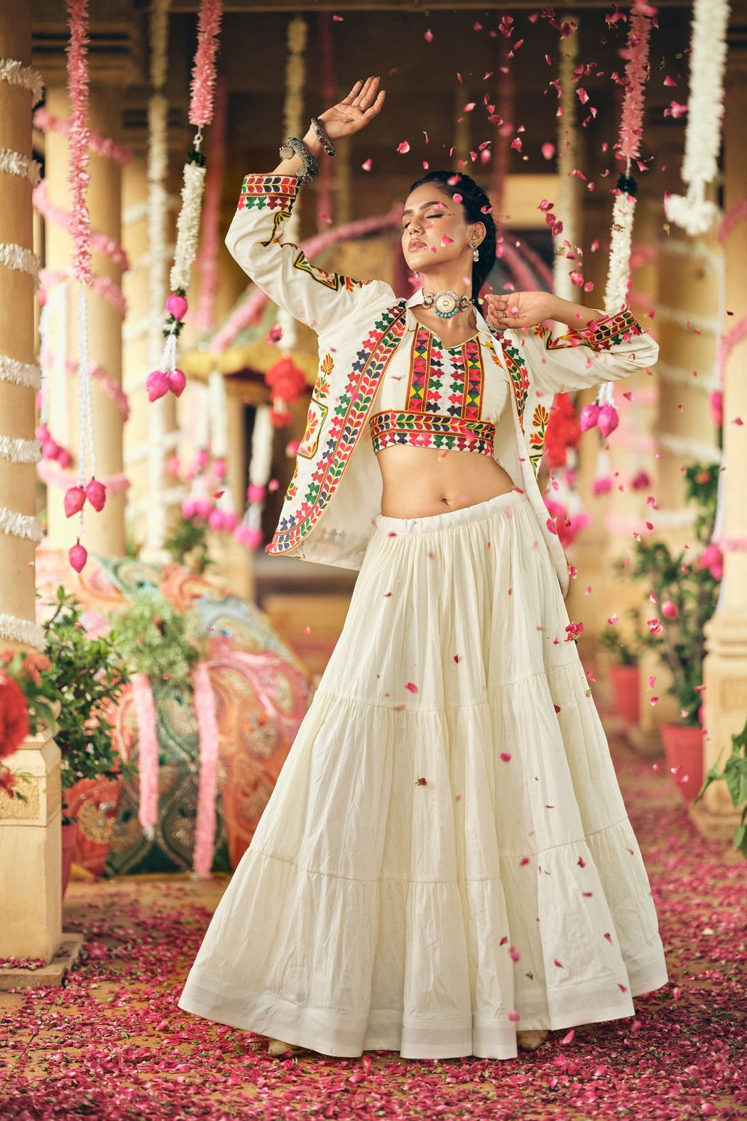 Traditional cotton lehenga choli set with embroidered koti and flowing 7-meter ruffle flair