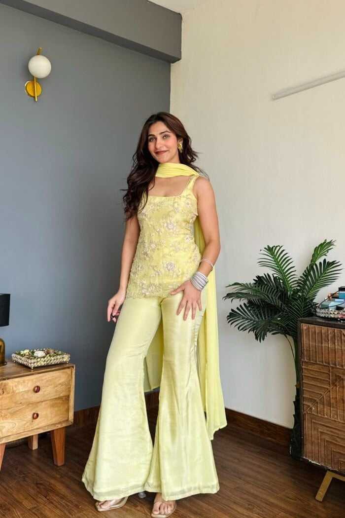 Yellow Bollywood-inspired style suit set with palazzo and flowing dupatta