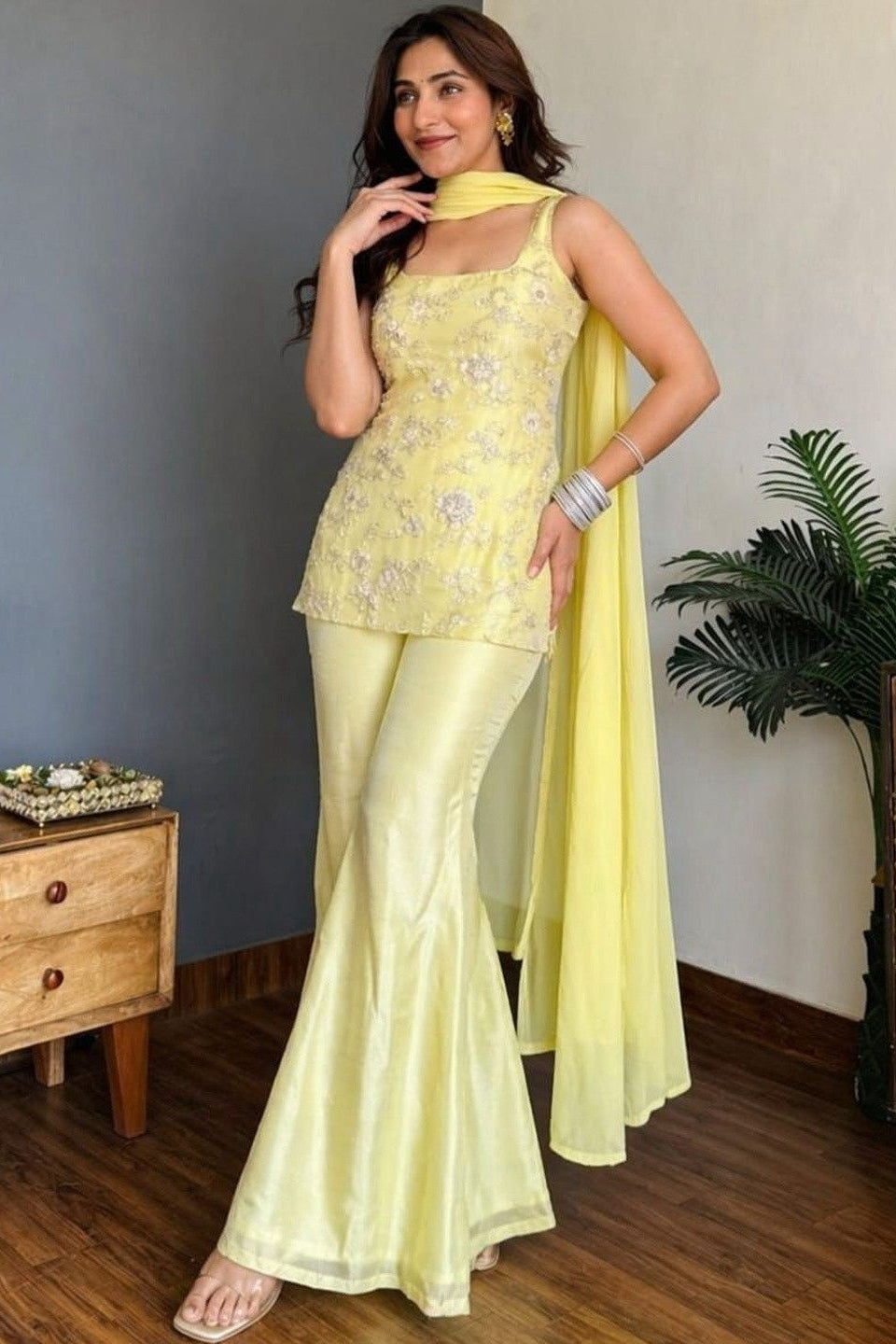 Yellow embroidered palazzo suit for women with matching georgette dupatta