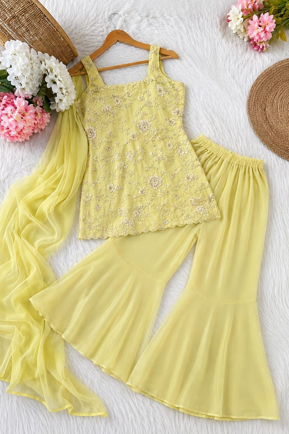 Yellow embroidered georgette suit set with top, palazzo and dupatta