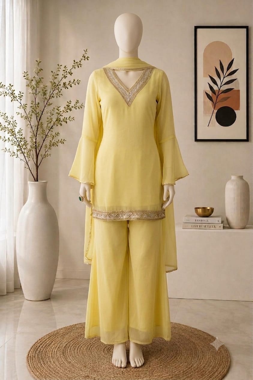 Yellow palazzo suit set flat lay with embroidered kurti and matching dupatta