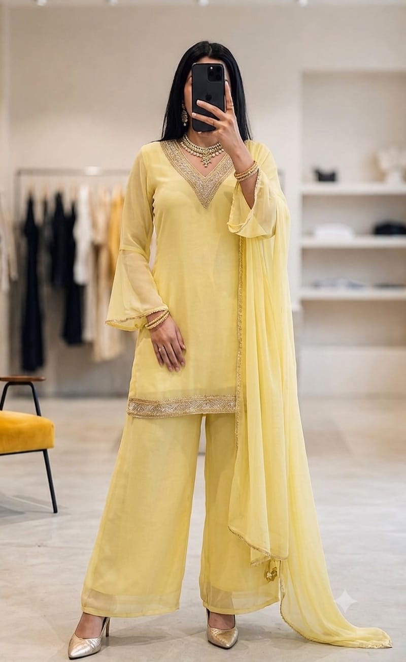 Woman wearing yellow georgette palazzo suit set with gold jewelry in mirror selfie
