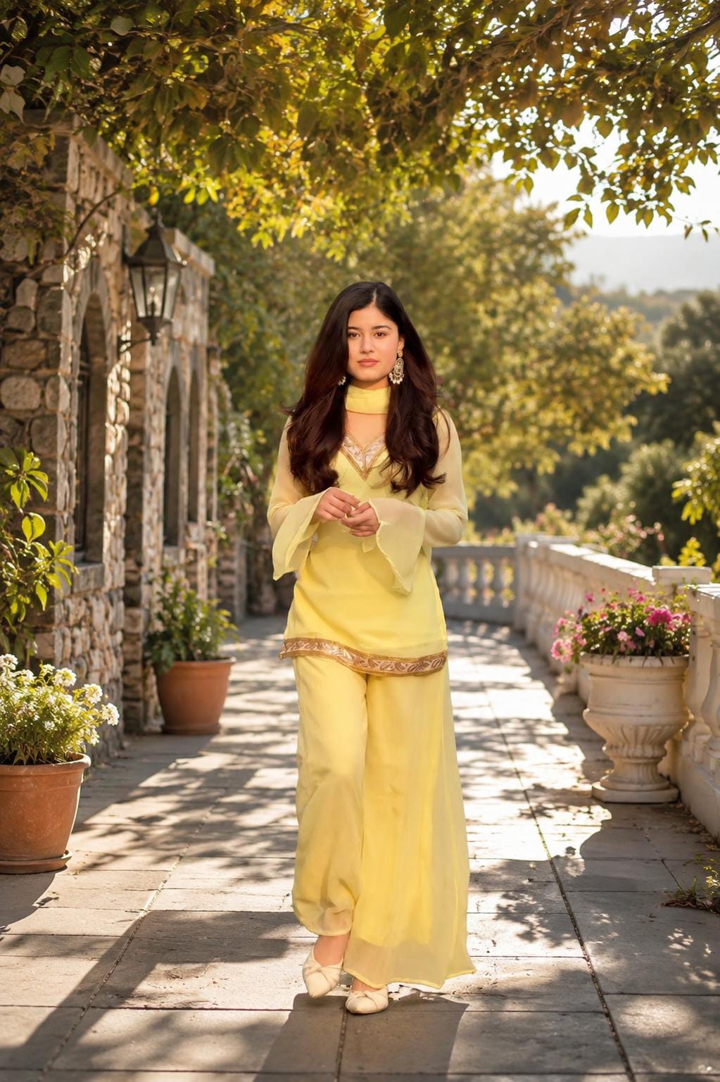 Model walking outdoors wearing yellow palazzo suit set with dupatta draped on shoulders